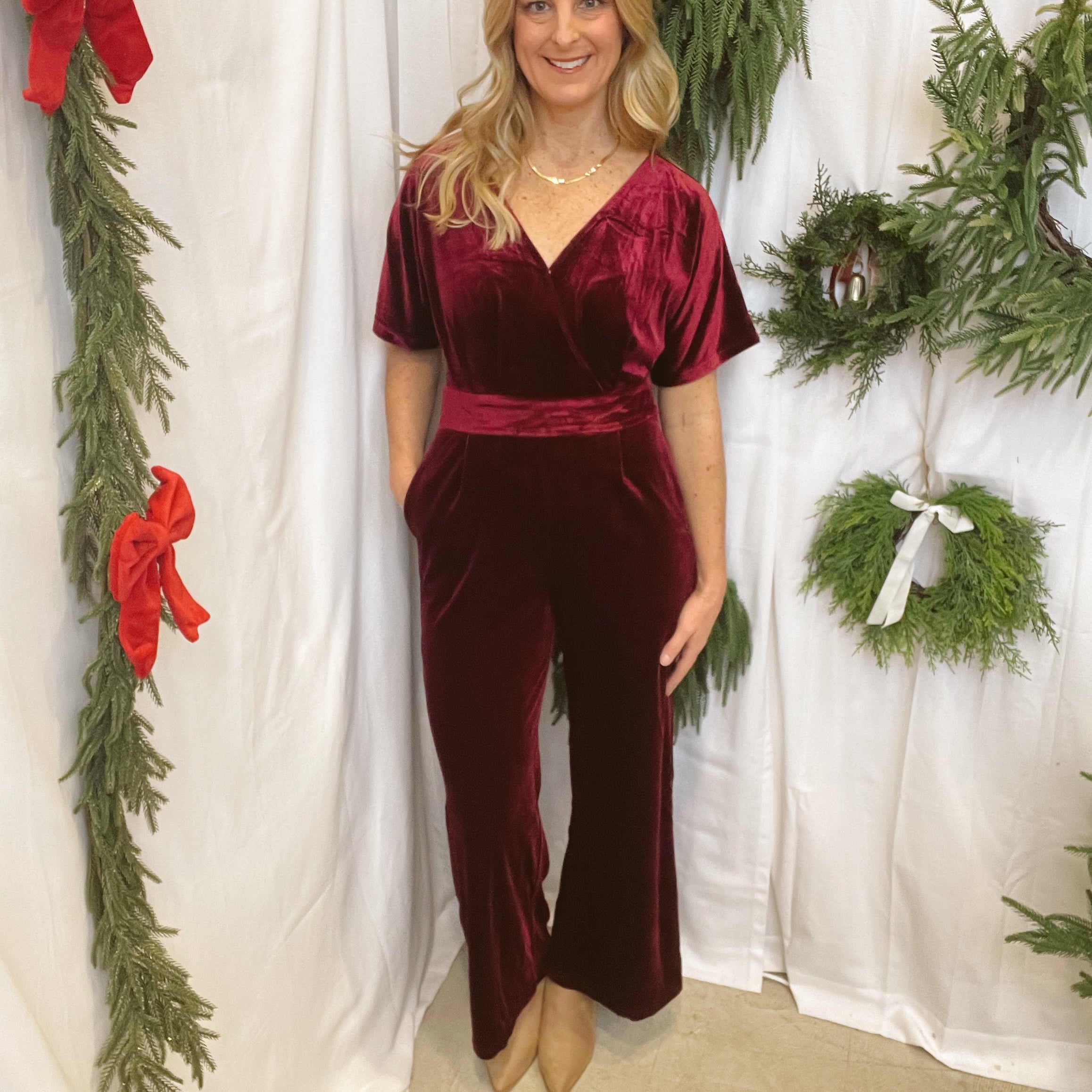 Burgundy Velvet Jumper-Jumpsuits & Rompers-hem and thread-The Silo Boutique, Women's Fashion Boutique Located in Warren and Grand Forks North Dakota